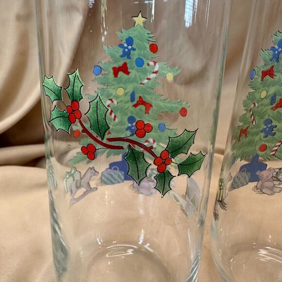 2 Vintage Luminarc Tumblers Noel Christmas Tree Drinking Glasses 6" - Picture 7 of 8